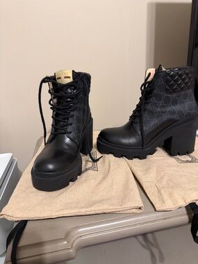 Gucci Black Quilted GG Platform Lace-Up Ankle Boots